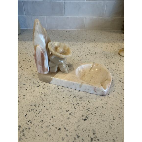 Pair Vintage Alabaster Stone Mexican Folk Art Figures Hats Incense Trinket Dish - Picture 2 of 16